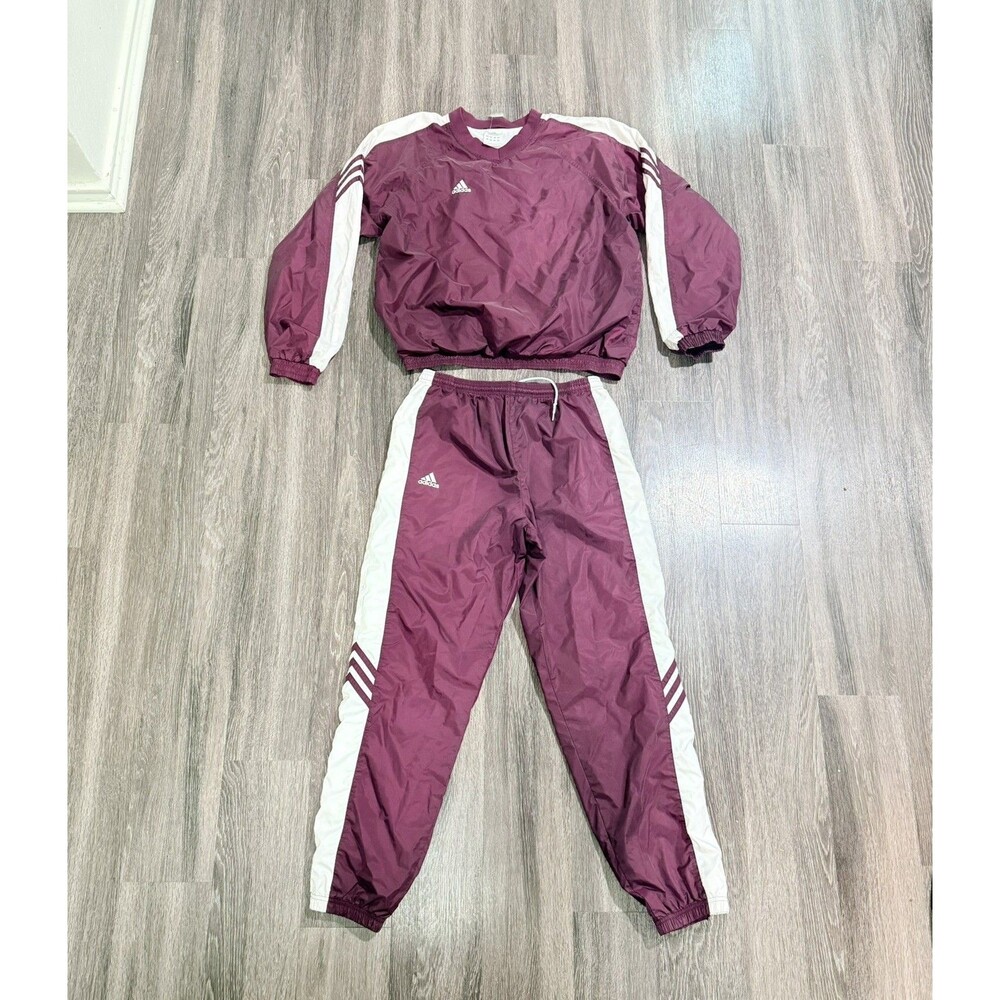 Vintage Adidas Tracksuit Mens M Burgundy Nylon Track Jacket Pants 3 Stripe Y2K